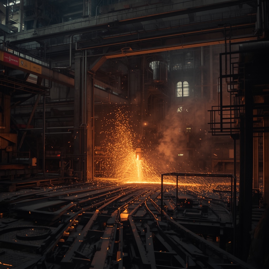 Cinematic shot of a massive steel mill factory floor with molten metal pouring and sparks flying